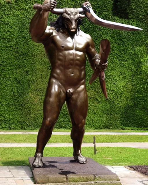 Image similar to a giant bronze statue of a minotaur, bull man hybrid being holding a spear and shield