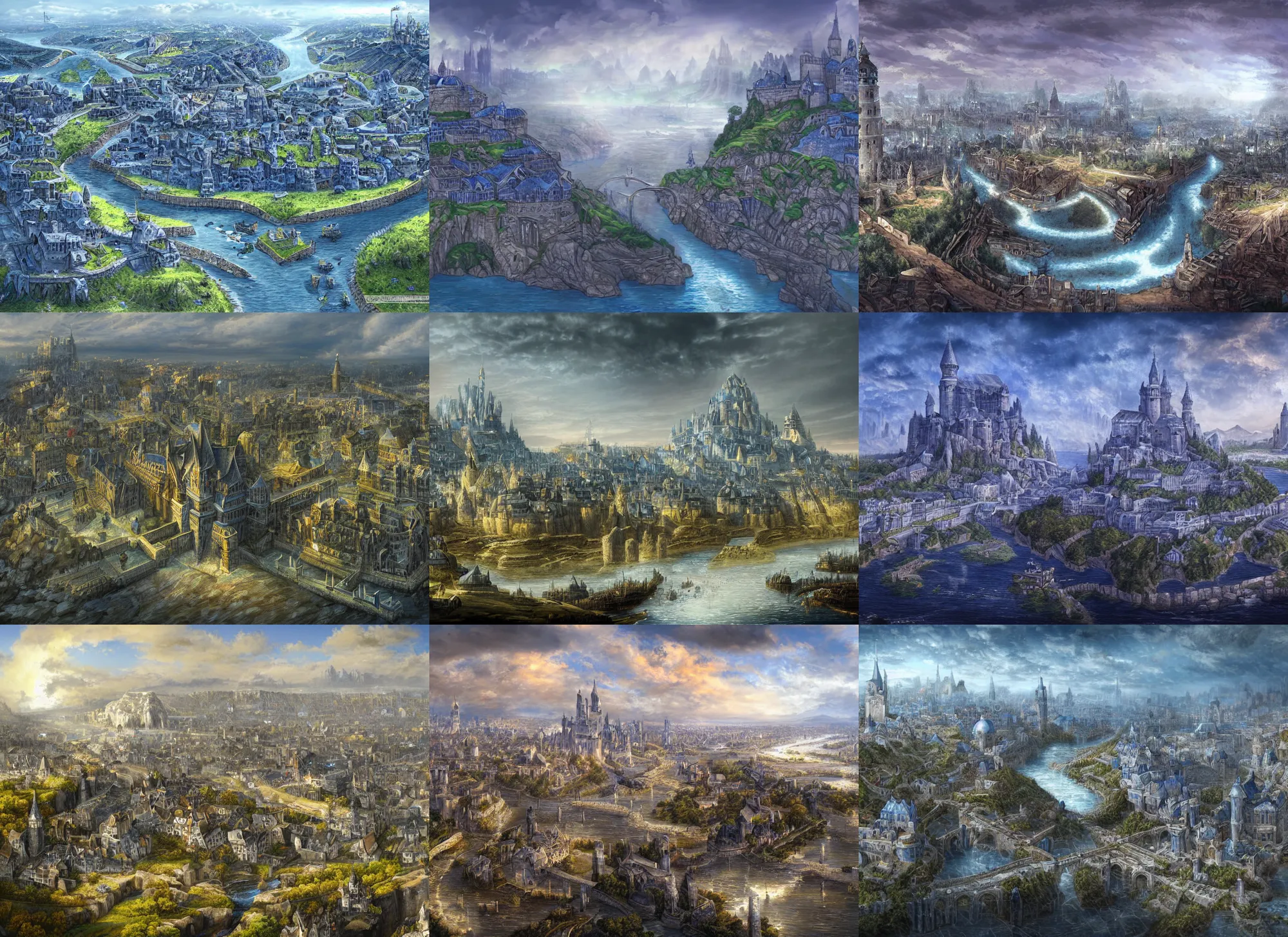 Prompt: landscape depicting a grand Citadel made of blue stone at the heart of a great metropolis, river confluence, medieval fantasy, detailed digital art,