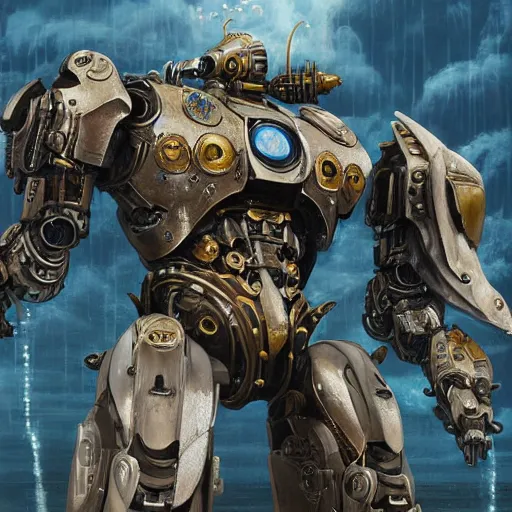 Prompt: pacific rim robot wearing ivory shiny armor standing in the sea, full body image, steam punk, sci-fi, extremely detailed digital painting, in the style of Fenghua Zhong and Ruan Jia and Jermy lipking and peter mohrbacher, mystic colors, highly detailed, deep aesthetic, 8k, highly ornate intricate details, cinematic lighting, rich colors, digital artwork, ray tracing, hyperrealistic, photorealistic, cinematic landscape, trending on artstation,