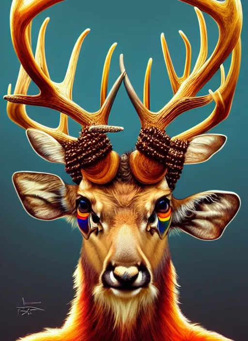 Image similar to symmetry!! portrait of antlered deer wearing a colorful beanie!, gold piercings, intricate, elegant, highly detailed, digital painting, artstation, concept art, smooth, sharp focus, illustration, art by artgerm and greg rutkowski and alphonse mucha, 8 k