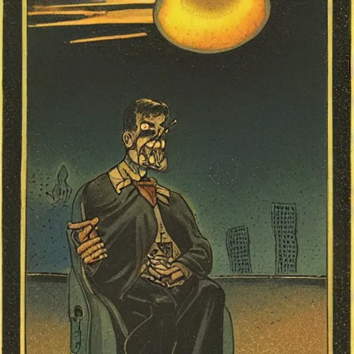 Image similar to the great magician of nuclear thaumaturgy watching a nuclear explosion thinking about what he has done.
