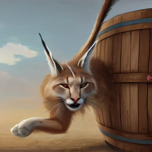 Prompt: a digital art of cute fluffy caracal near a wooden barrel lying at the side, at after noon, ancient greek city, by krenz cushart and mucha and akihito yoshida and greg rutkowski and makoto shinkai, long shot, back lighting, detailed eyes, 4 k resolution, trending on art station