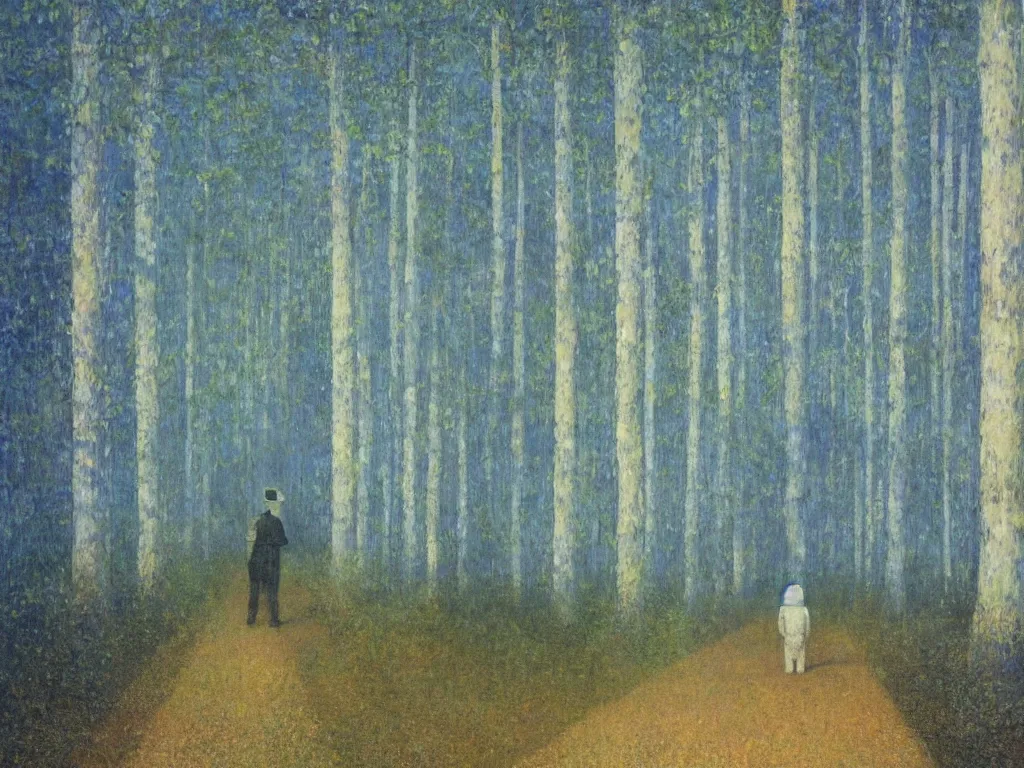 Prompt: man in white beekeeper suit looking at the psychedelics dream mothership over the solitary road lined with giant poplars. painting by mikalojus konstantinas ciurlionis, bosch, wayne barlowe, agnes pelton, rene magritte