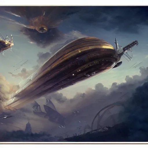 Prompt: a brutalist painting of a large steampunk airship fighting another airship in the sky, by charlie bowater, 4 k