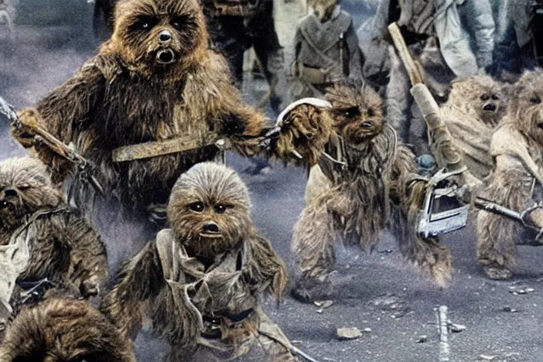 Image similar to ewoks rioting in front of a government building!!!, flaming torches and pitchforks