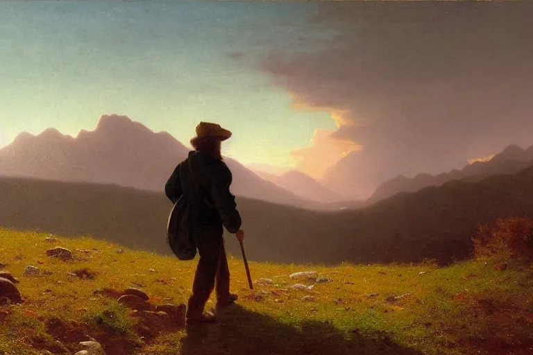 Image similar to a traveler wandering trough the mountains looking at the clouds, very detailed, focused, oil painting, cinematic lighting, albert bierstadt, trending on artstation, colorful, canvas, sunset, hans dahl, theodor kittelsen, hermann hendrich, national geographic, Konstantin Yakovlevich Kryzhitsky,