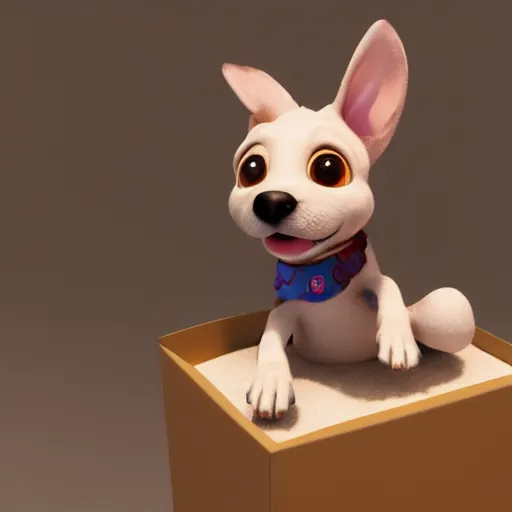 Image similar to dog character, in a box, small puppy, rich dog, high quality, 3 d render, dog in mountain, soft, concept art, intricate details, highly detailed, colorful, photorealistic, disney pixar, octane render, iridescent, anime, 8 k