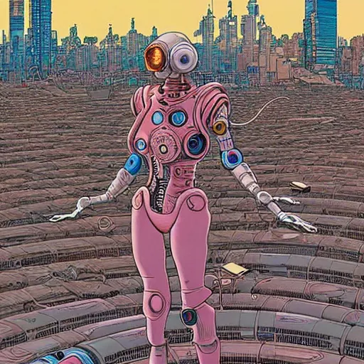 Image similar to a beautiful highly detailed futuristic mechanical lady, cyberpunk rooftop on jupiter, filled with people,, art by geof darrow,