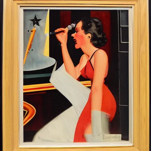 Image similar to art deco painting of a sultry young woman singing jazz in a club, style of norman rockwell, album art