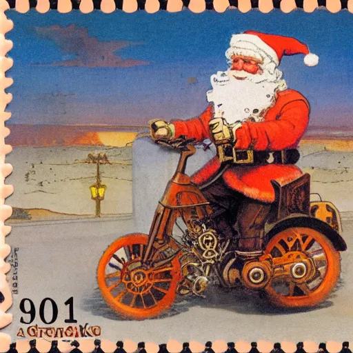 Image similar to steampunk orange mohawk Streetfighter Gnome Santa riding an intricate clockwork gearwork automaton golem vehicle traveling stamp postcard winslow homer craig j. spearing thomas eakins