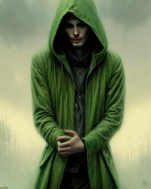 Image similar to portrait Green hooded jacket coat Hunter man elf, long-haired At the rainy town, soaked By greg rutkowski, tom bagshaw, beksinski