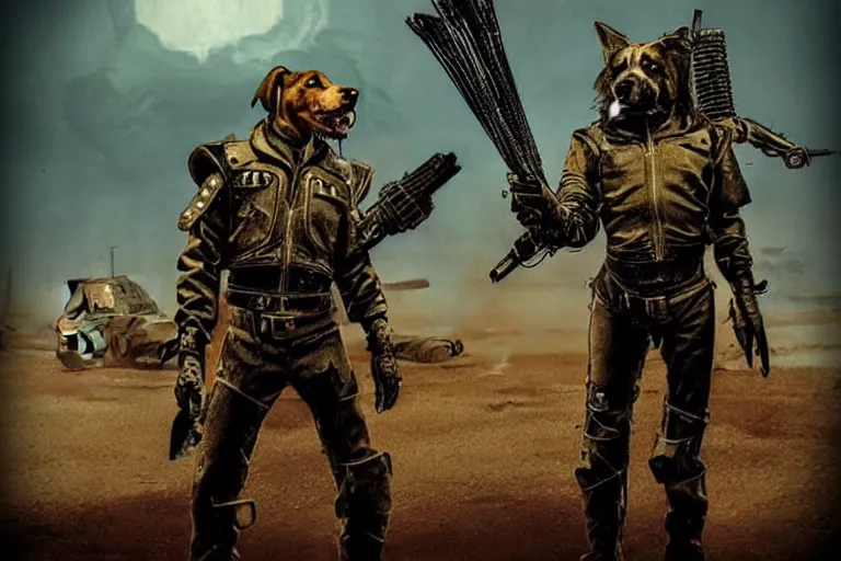 Image similar to a good ol'hound dog fursona ( from the furry fandom ), heavily armed and armored facing down armageddon in a dark and gritty version from the makers of mad max : fury road. witness me.