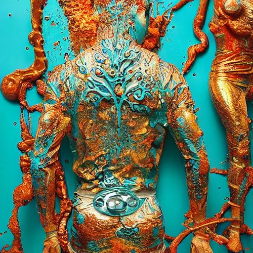 Prompt: beautiful intricately detailed found unsettling objects that make me feel scared made of liquid mercury and exploding liquid nitrogen, in a vibrant fine detailed modern fine art style by Marc Quinn and Damien Hirst with bright huge fireball explosions of colourful teal and gold flame and holi powder