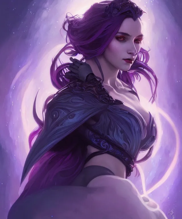 Prompt: Beautiful female lycan portrait, sci-fi, fire eyes, face, blue and purple hair, fantasy, intricate, elegant, highly detailed, digital painting, artstation, concept art, smooth, sharp focus, illustration, art by artgerm and greg rutkowski and alphonse mucha