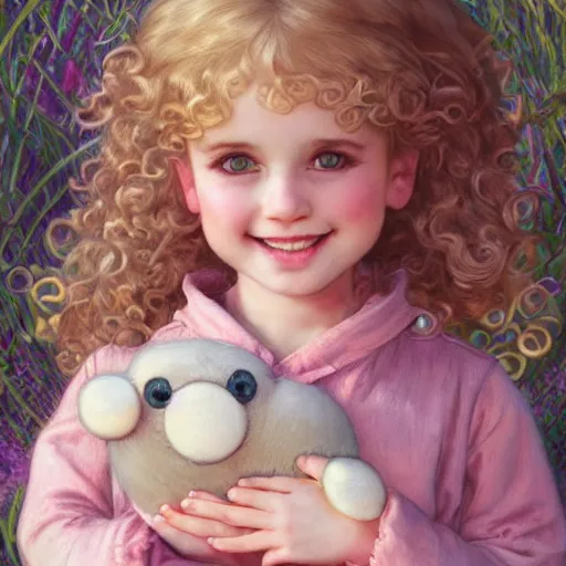 Prompt: a beautiful smiling little [[blonde toddler]] girl with short loosely curly hair, at the park on a beautiful day, holding a round all-pink stuffed penguin, by Artgerm, Mucha Klimt, Hiroshi Yoshida and Craig Mullins, featured on Artstation, CGSociety, Behance HD, Deviantart