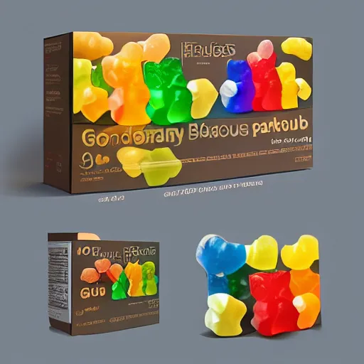 Image similar to original design concept of a packaging for gummy bears, studio lighting, modern style