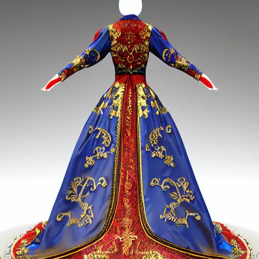 Image similar to ornate serbian traditional dress, fashion design, dress display, hyperrealistic, rendered 4 k, full view