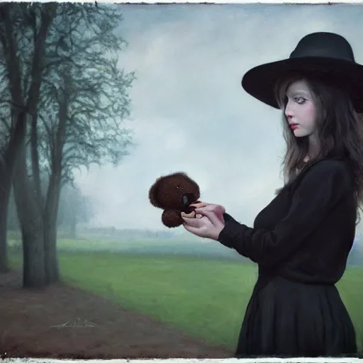 Image similar to a girl standing in a park, alone, wearing black dress and hat, holding teddy bear, detailed hands, by andrea kowch, dark, scene, magic realism