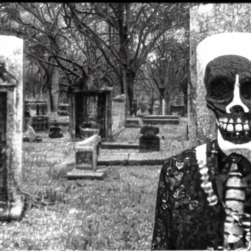 Image similar to cctv security cam grainy black and white footage of baron samedi in an overgrown graveyard. baron samedi is looking at the camera.