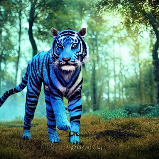 Image similar to fantasy blue tiger with wings in a forest, landscape, realistic, highly detailed, sharp focus, octane render, illustration, trending on Artstation