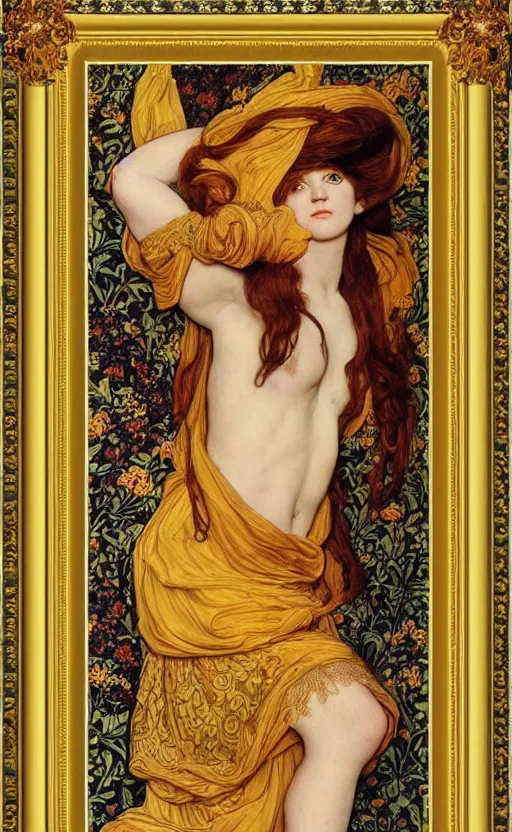 Image similar to full body reclining masterpiece of preraphaelite portrait photography, brown hair fringe, yellow ochre ornate medieval dress, william morris and kilian eng and mucha, framed, 4 k