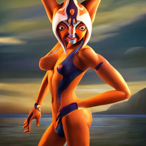 Prompt: beautiful_petite_sunset_of_ahsoka_tano_clone wars_alien_body_Paint_toned_full _body_absfit seductive_body_fit_sportsy_girl_golden_hour bo dy_seductive_pose hajime sorayama style