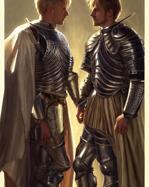 Image similar to attractive arthur pendragon confesses his love to his attractive male knight, they are close to each other, in a quiet moment, informal cloths, highly detailed, very intricate, cinematic lighting, by donato giancola and rossdraws and magali villenueve, featured on artstation