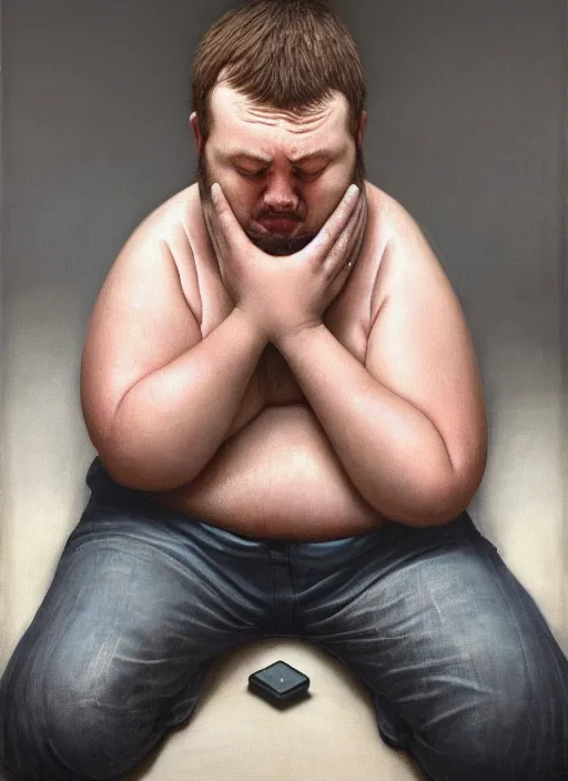 Prompt: insanely detailed chiaroscuro image of a exhausted - looking slightly fat casually - dressed programmer guy on his knees facing his glowing ultrawide computer monitor monitor begging it for forgiveness, oil on canvas, masterwork, fine detail, trending on artstation, emotive, insanely compelling, ryden, koons, moebius