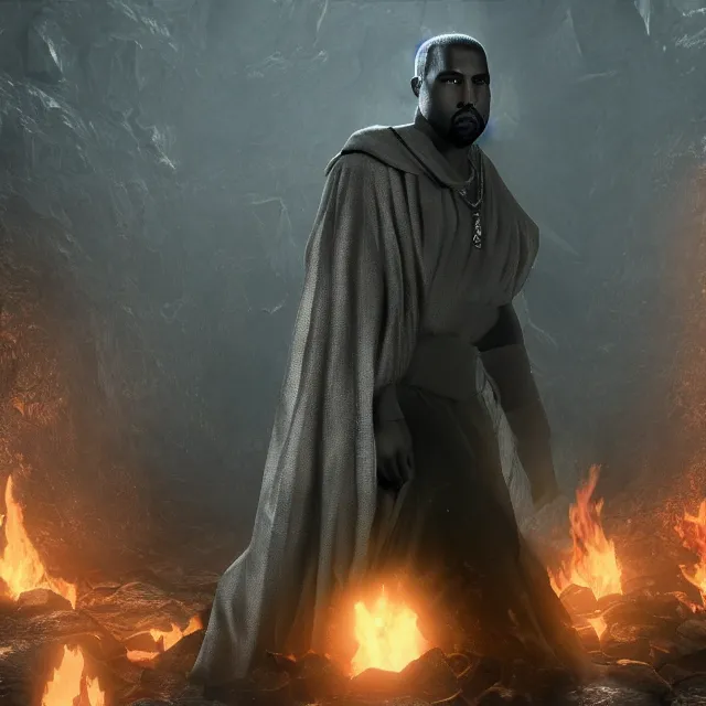 Prompt: kanye yeezus as a boss in dark souls, dark cinematic, volumetric, realistic, 3 d render, cinematic lighting, ray tracing, unreal engine 5, unreal engine render, octane render, hyper realistic, photo, 8 k