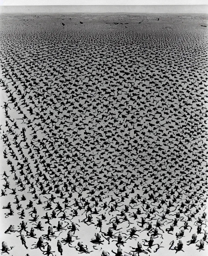 Image similar to a beautiful painting of bombs and soldiers on desert in el alamein battle, wwii, black and white, painted by escher, disorder