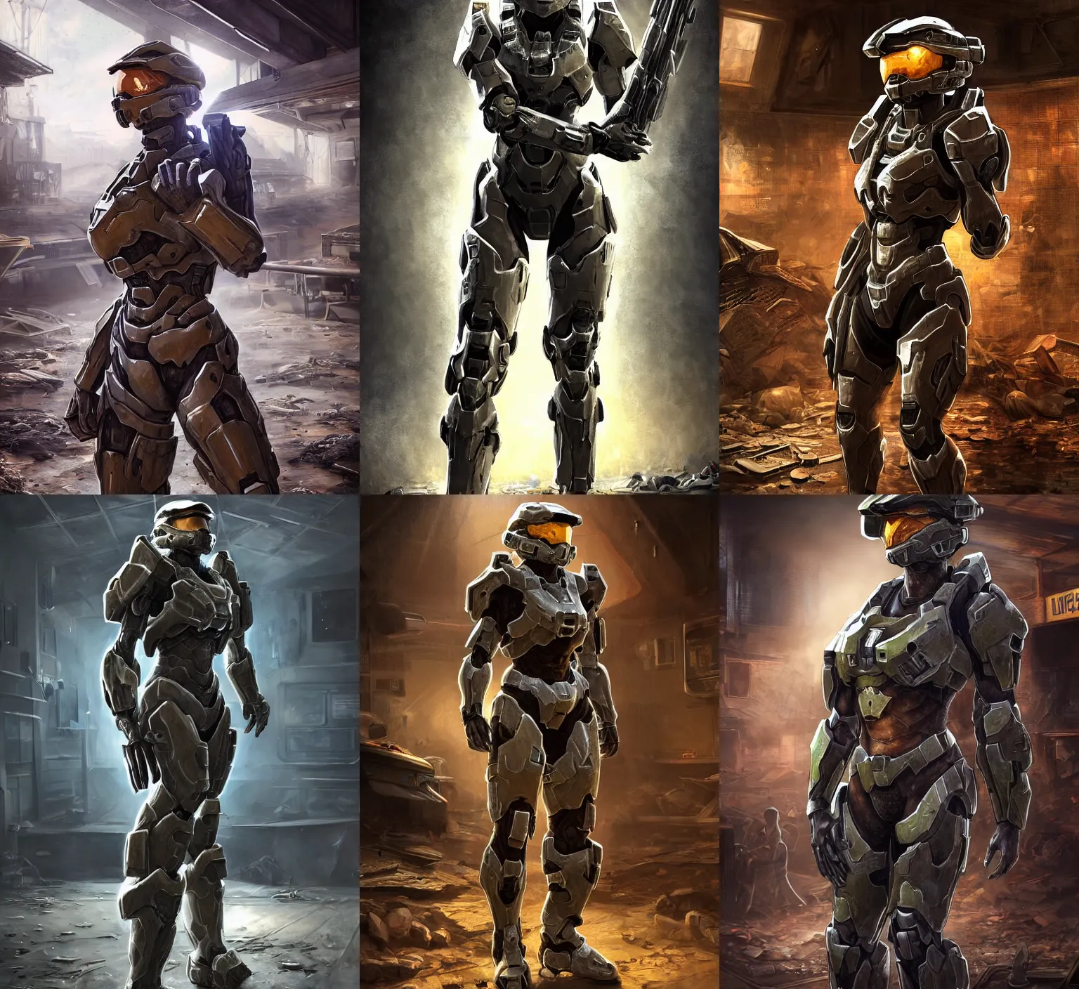 Prompt: hyper detailed ultra sharp full body character portrait of a woman in halo armor standing in a destroyed dive bar, with a realistically proportioned face, cinematic lighting, good value control, smooth, realistic shading, realistic face details, smooth, highly detailed, digital painting, painted texture maps, illustration, concept art, painted texture maps, substance painter
