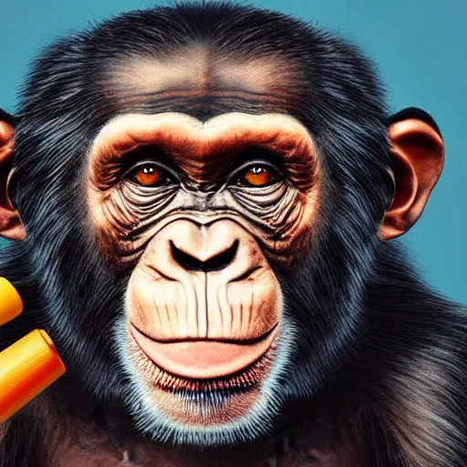 Image similar to a high detail portrait of a chimp wearing a suit 👔,and smoking🚬