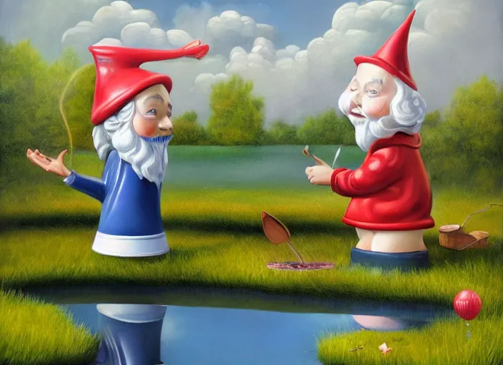 Prompt: a garden gnome sailing in a bucket, whimsical background of a reflective pond on a sunny day with dramatic clouds, an ultrafine detailed painting by mark ryden, trending on deviantart, pop surrealism, whimsical, lowbrow, joyous, perfect symmetrical face