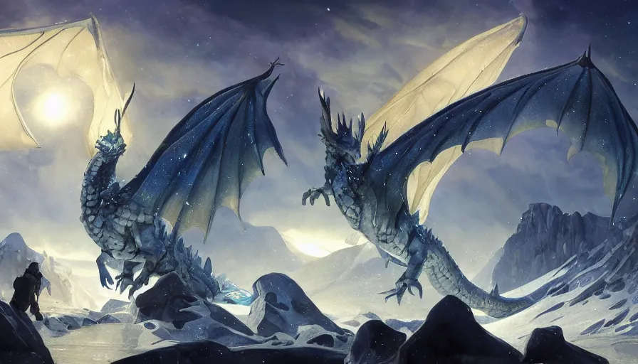 Image similar to epic ice dragon with trendy shapes in a nordic landscape under aurora and stars, set in the words of the Forgotten Realms and Guildwars2, painted by Hans Fredrik Gude, N.C.Wyeth and Artgerm, concept art 2022, ultra realistic masterpiece