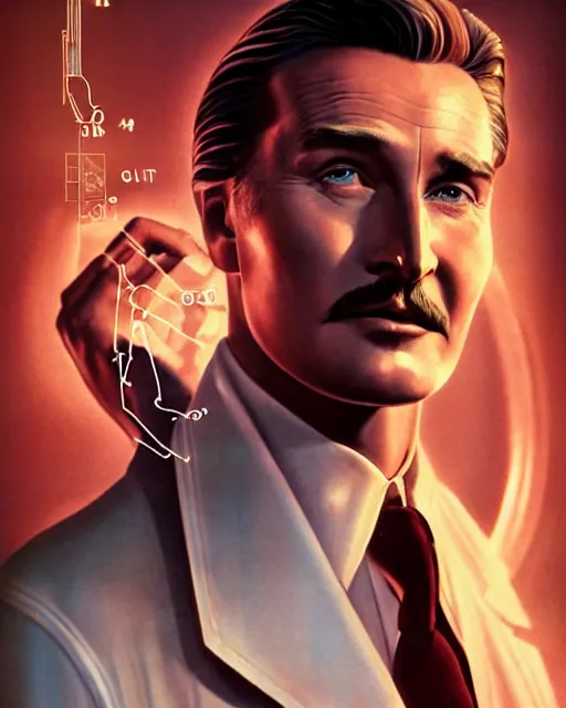 Image similar to Errol Flynn as a scientist. 1980s dystopian Soviet Russia, propaganda screens. Unreal engine, fantasy art by Katerina Ladon. Faithfully depicted facial expression, perfect anatomy global illumination, radiant light, detailed and intricate environment