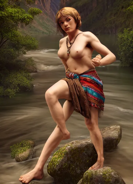 Image similar to photo of a gorgeous old young woman dressed as a man, climbing a river in tribal mountains the style of stefan kostic, realistic, sharp focus, 8k high definition, insanely detailed, intricate, elegant, art by stanley lau and artgerm