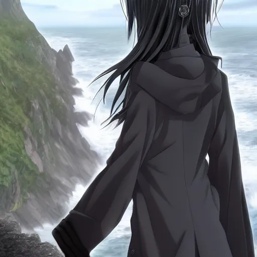 Image similar to 1 7 - year - old anime goth girl, black hair, long bob cut, long bangs, gothic coat, long bangs, standing on cliff along the irish coast, overcast gray skies, ultra - realistic, sharp details, cold lighting, blue and gray colors, intricate details, subsurface scattering, hd anime, 2 0 1 9 anime