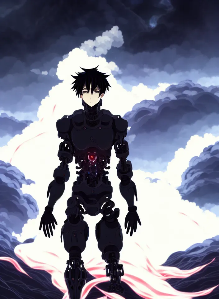 Image similar to a detailed manga illustration character full body portrait of a dark haired cyborg anime man surrounded by clouds of dark smoke and fire, trending on artstation, digital art, 4 k resolution, detailed, high quality, sharp focus, hq artwork, insane detail, concept art, character concept, character illustration, full body illustration, perfect anatomy, cinematic, volumetric lighting