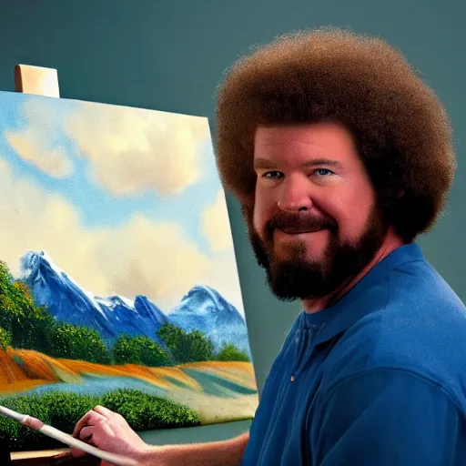 Prompt: a closeup photorealistic photograph of bob ross crafting an image of kenny powers baseball, a painting on a canvas. mountains and trees. film still. brightly lit scene. this 4 k hd image is trending on artstation, featured on behance, well - rendered, extra crisp, features intricate detail, epic composition and the style of unreal engine.