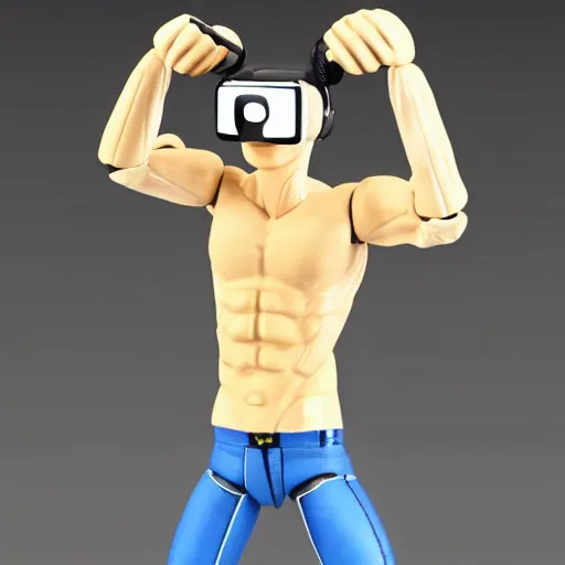 Image similar to action figure of a skinny blonde male wrestler wearing a vr headset and wearing a t - shirt and jeans, high detail, realistic,