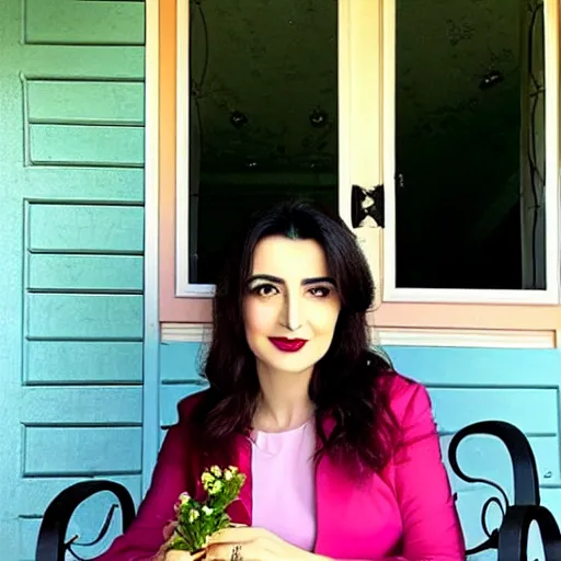 Prompt: a beautiful portrait of the turkish actress sumeyye aydogan, duy beni serial, sitting on the porch holding a flower, in front of the house