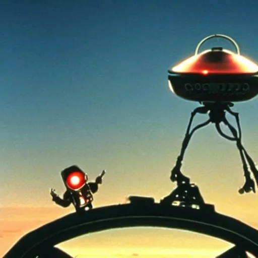 Prompt: johnny 5 and et flying a ufo together, cinematic, movie still