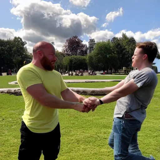 Image similar to alex jones and a gay frog holding hands in the park, sunny day with fluffy clouds,