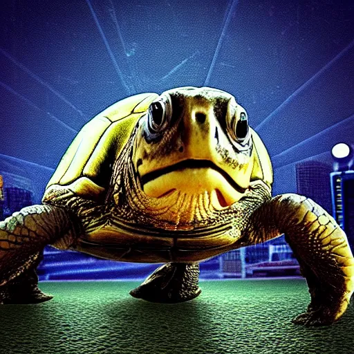 Prompt: “a big eyed turtle, 4K UHD image, neon city lights in the background, turtle is on a rock, Highly realistic”