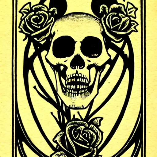 Image similar to tarot cards with skeletons skulls and roses, art nouveau, sharp,