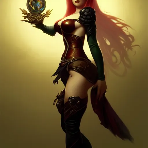 Prompt: of Katarina from League of Legends, dark fantasy, medium shot, intricate, ornate, elegant, highly detailed, digital painting, volumetric light,, artstation, concept art, smooth, sharp focus, illustration, art by Gil elvgren and charlie bowater and greg rutkowski and alphonse mucha