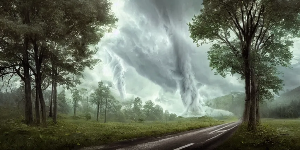 Image similar to A tornado in a beautiful scenic landscape, nature, trees, wide angle, super highly detailed, professional digital painting, artstation, concept art, smooth, sharp focus, no blur, no dof, extreme illustration, Unreal Engine 5, Photorealism, HD quality, 8k resolution, cinema 4d, 3D, beautiful, cinematic, art by artgerm and greg rutkowski and alphonse mucha and loish and WLOP