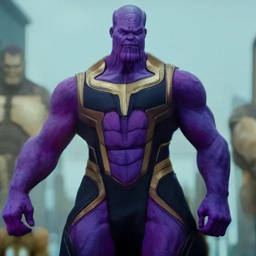 Image similar to thanos from avengers endgame in a suit as a lawyer. thanos, lawyer, avengers endgame.