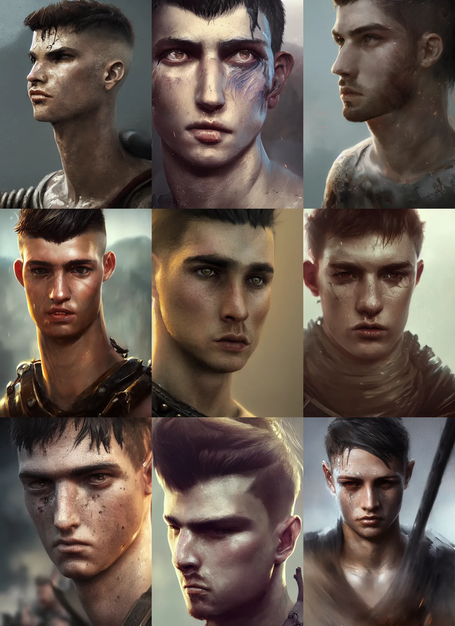 Prompt: close up of young male medieval warrior, modern fade haircut, dirty face, realistic cinematic lighting, fantasy, photorealistic, reflections, glistening, sweat, greg rutkowski, wlop, raymond swanland, pixiv, artstation, octane renderer