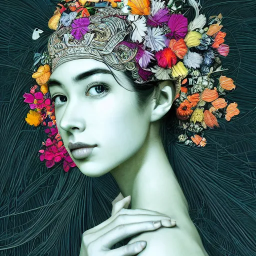 Image similar to the portrait of an absurdly beautiful, graceful, elegant, and wise young woman made of bananas and petals, an ultrafine detailed illustration by kim jung gi, irakli nadar, intricate linework, bright colors, final fantasy, behance contest winner, angular, unreal engine 5 highly rendered, global illumination, radiant light, detailed and intricate environment